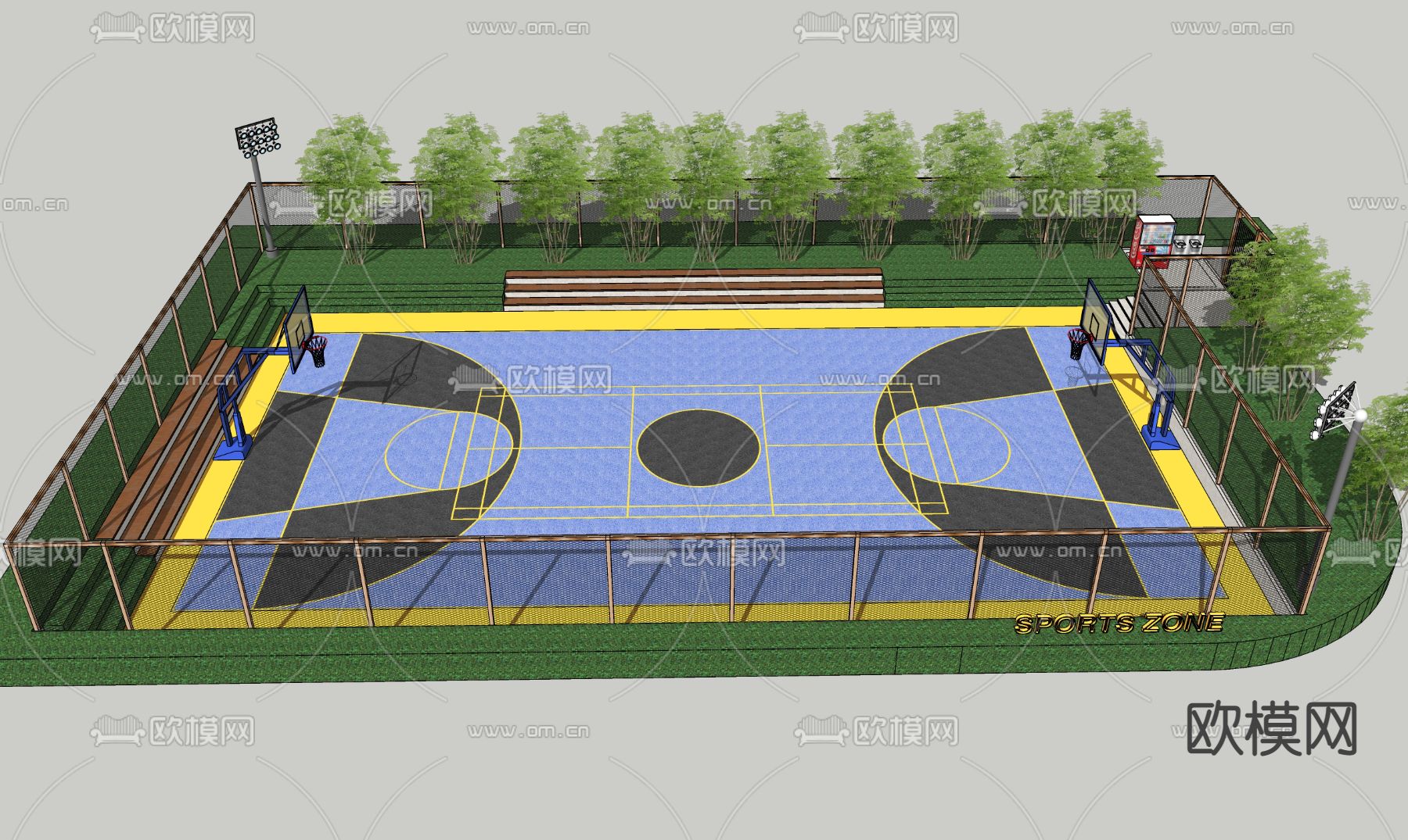 现代篮球场地运动场su模型下载（渲染图3）