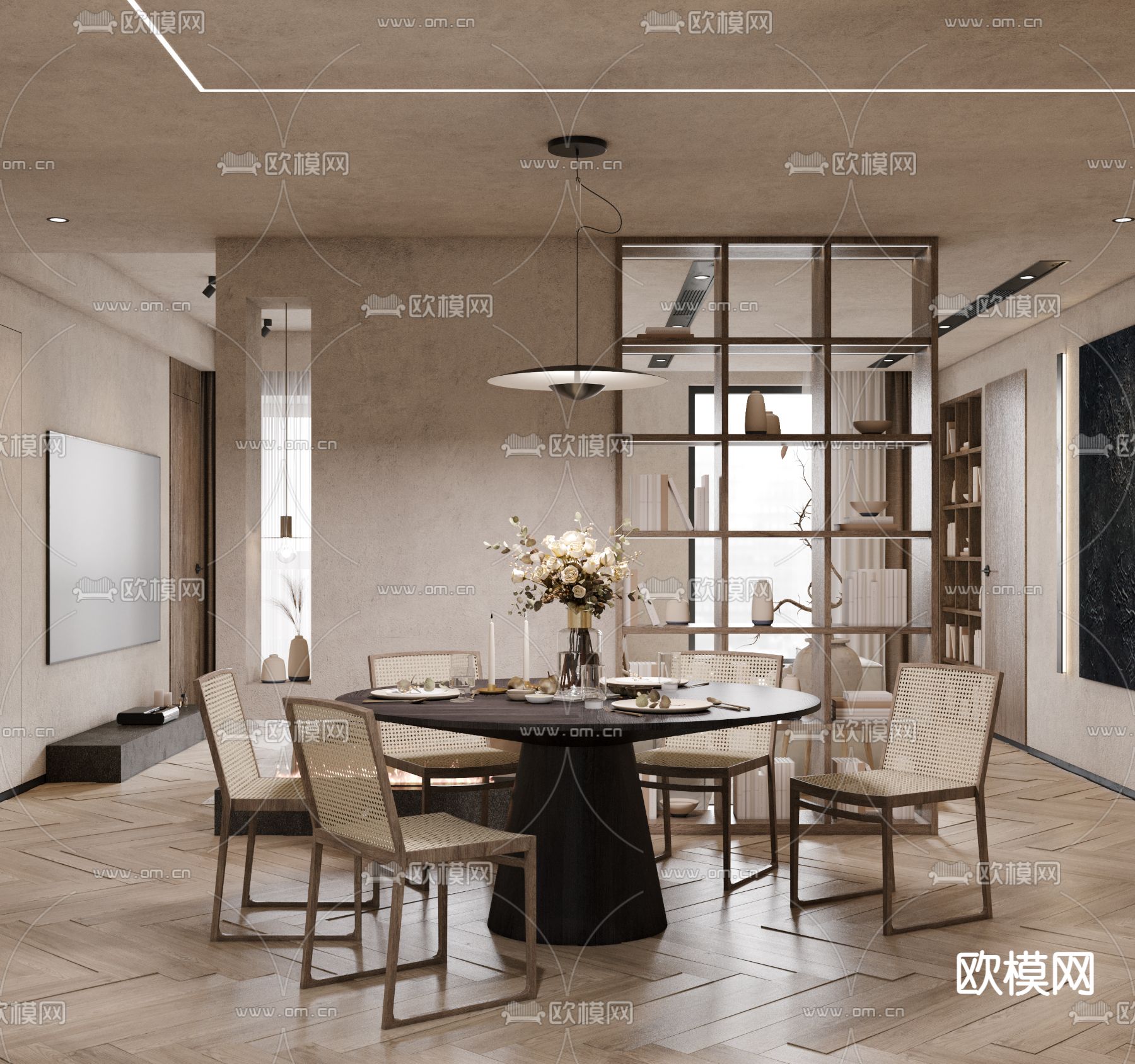 侘寂客厅餐厅3d模型下载（渲染图2）