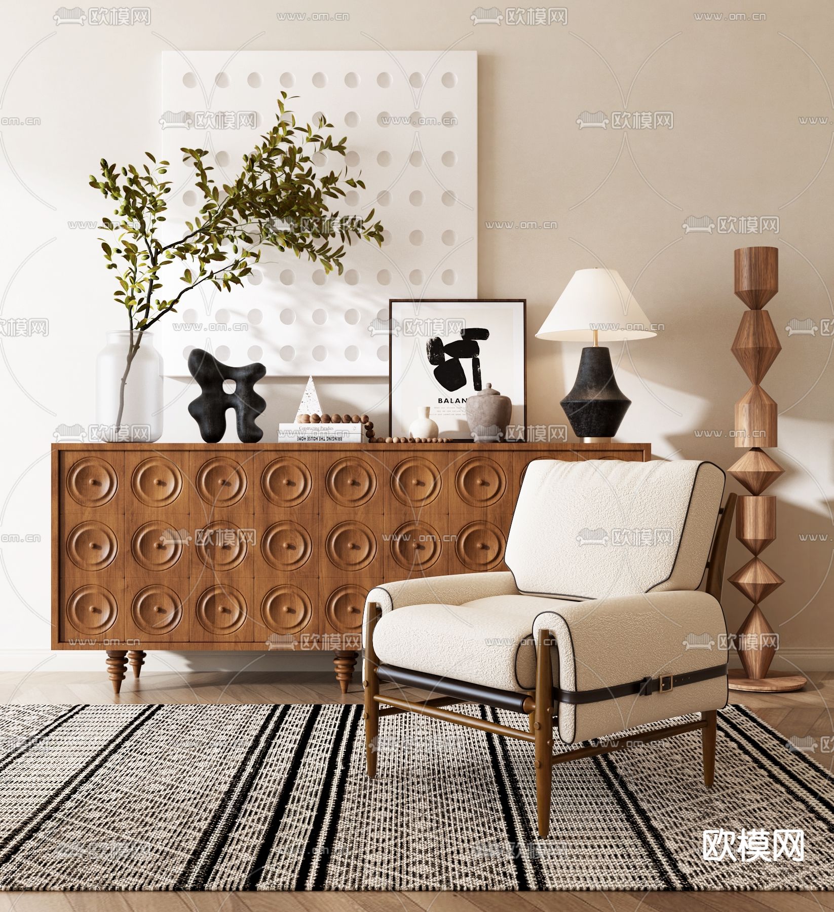 侘寂白色布艺休闲椅3d模型下载