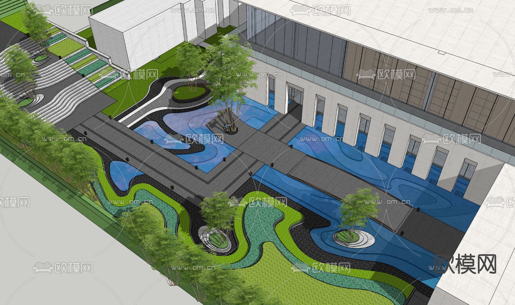 现代流线售楼处示范区su模型下载（渲染图2）