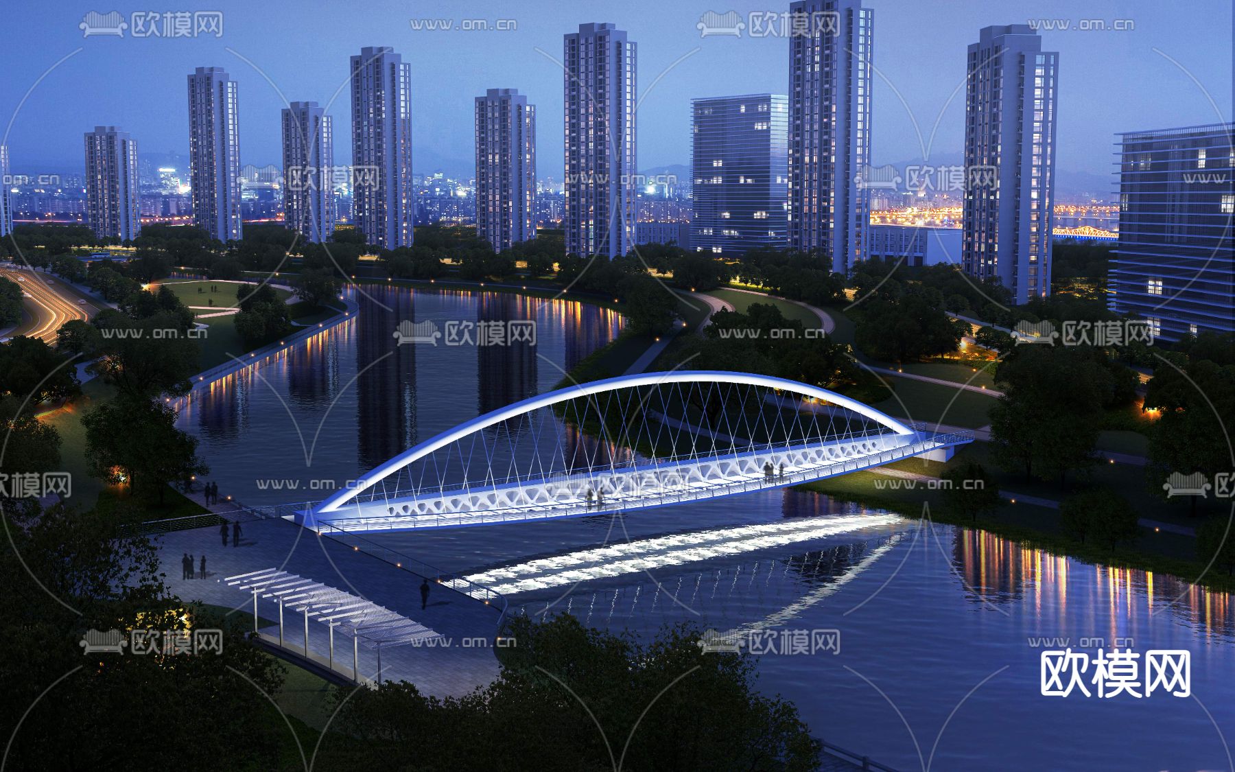 现代天桥滨海夜景景观psd下载