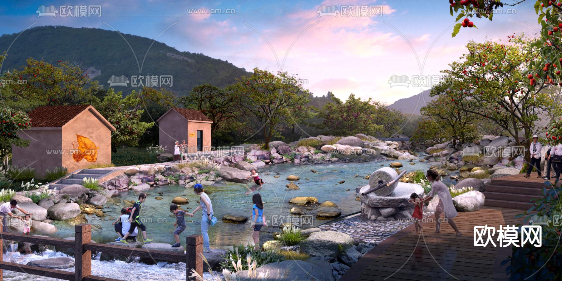 现代小溪园林景观psd下载