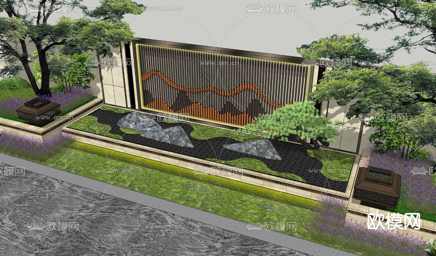 新中式山水格栅纹样景墙su模型下载_ID：12056542_sketchup模型下载-欧模网