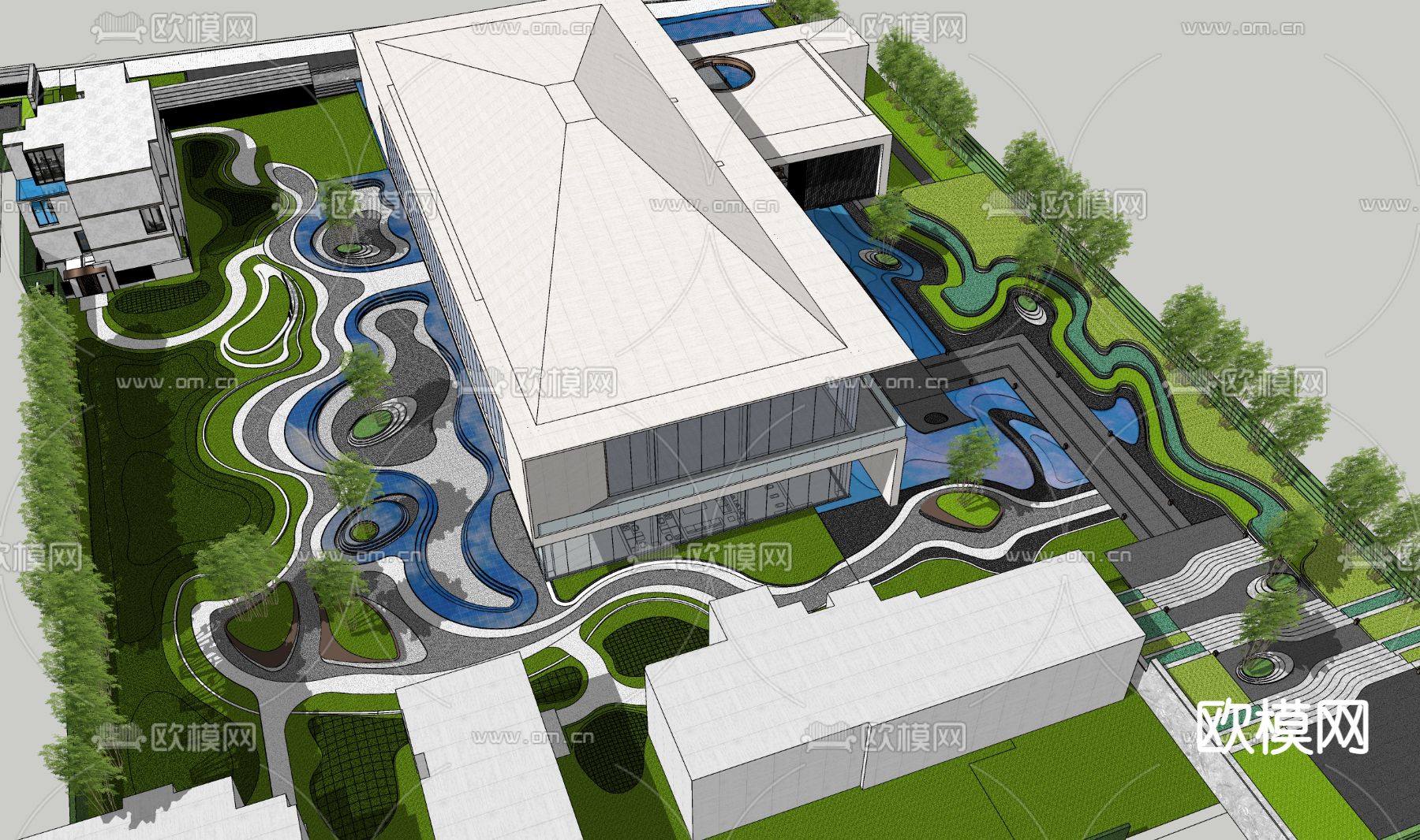 现代流线售楼处示范区su模型下载（渲染图1）