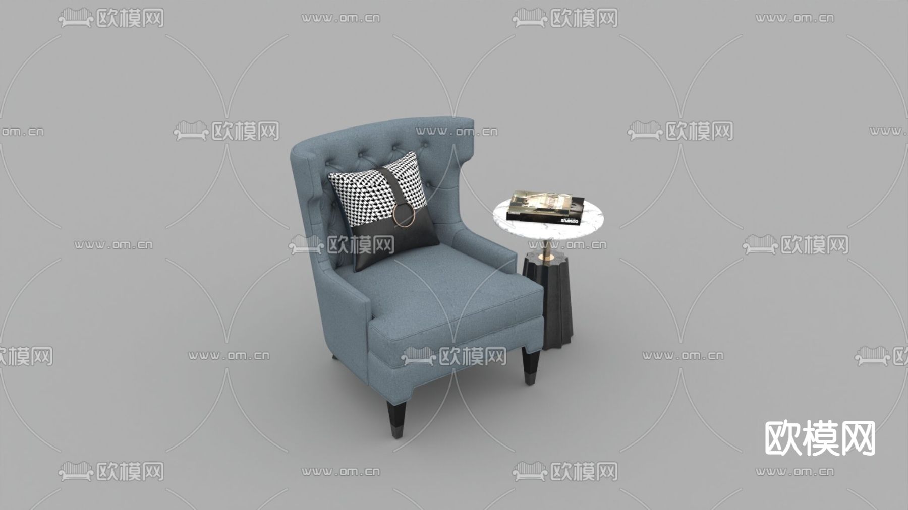 简欧布艺实木单人沙发大理石不锈钢圆形边几免费3d模型下载
