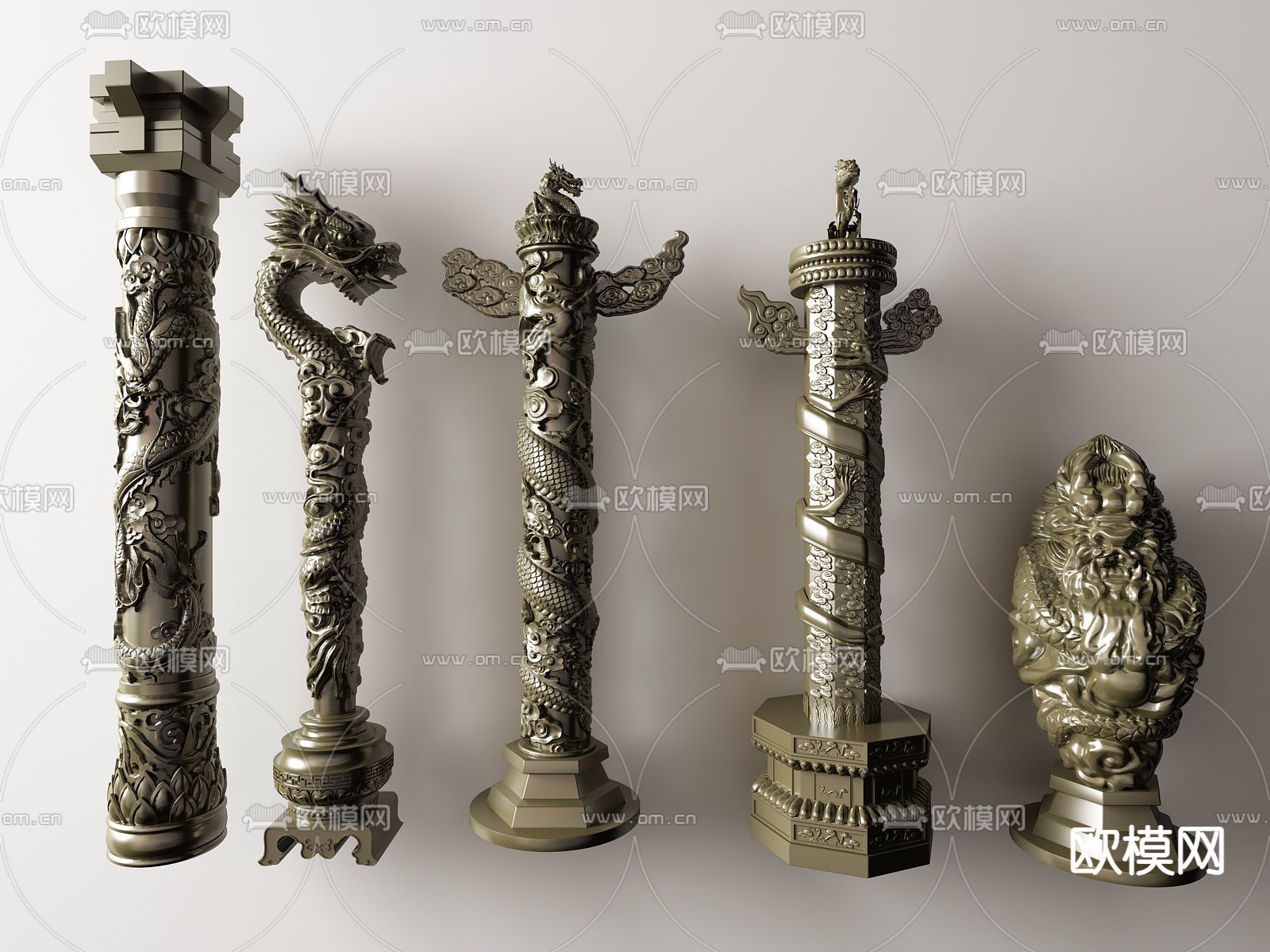 中式盘龙柱雕花柱子su模型下载（渲染图1）