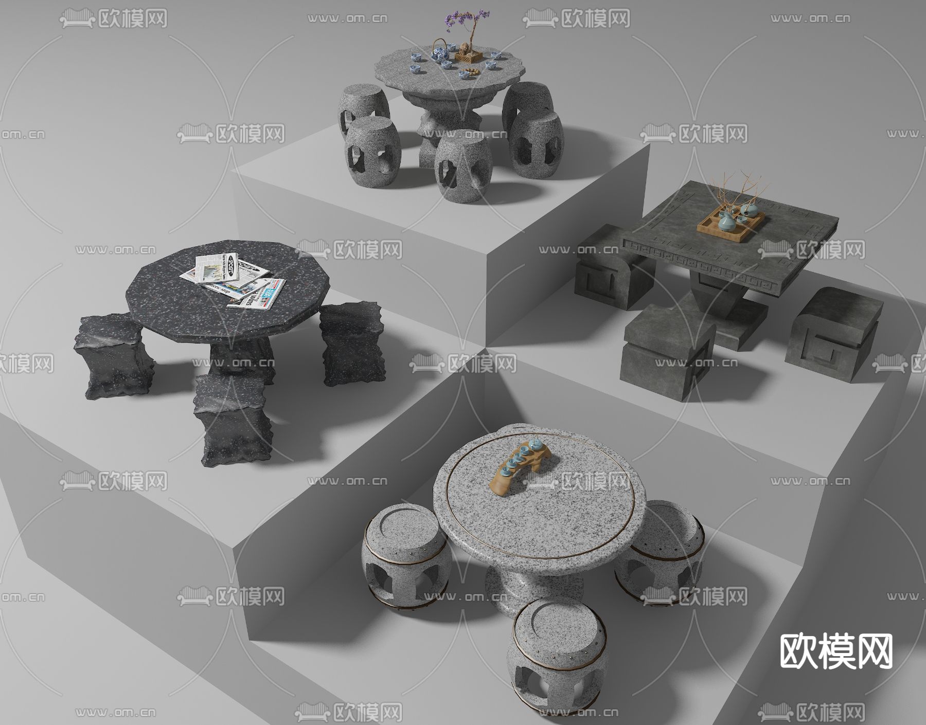 中式景观座椅户外石桌公园石桌凳su模型下载（渲染图2）