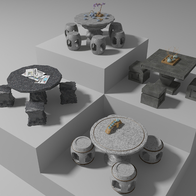  中式景观座椅户外石桌公园石桌凳su模型 