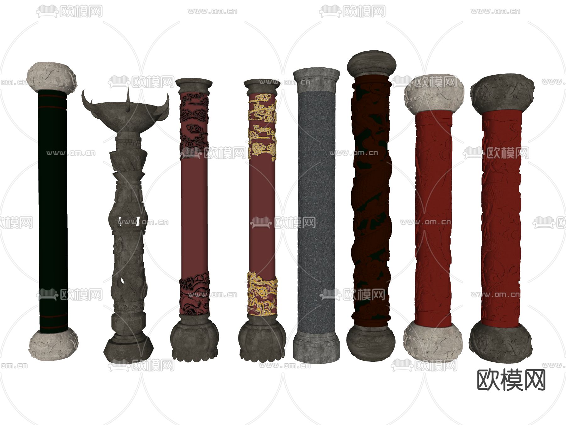 中式盘龙柱栓马柱su模型下载（渲染图2）