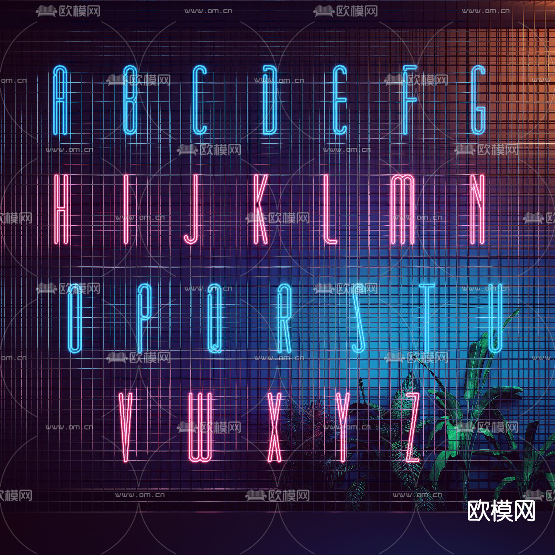 现代英文字母霓虹灯装饰灯su模型下载（渲染图1）