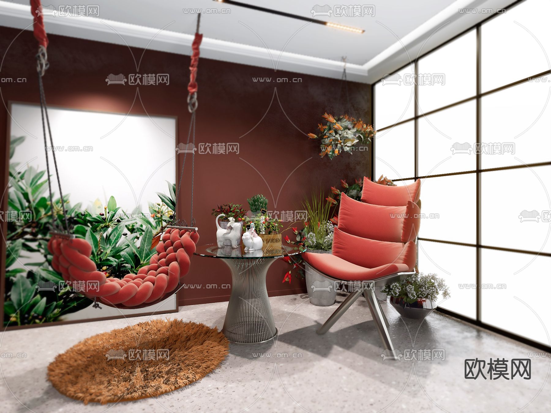 现代红色布吊椅休闲桌椅3d模型下载