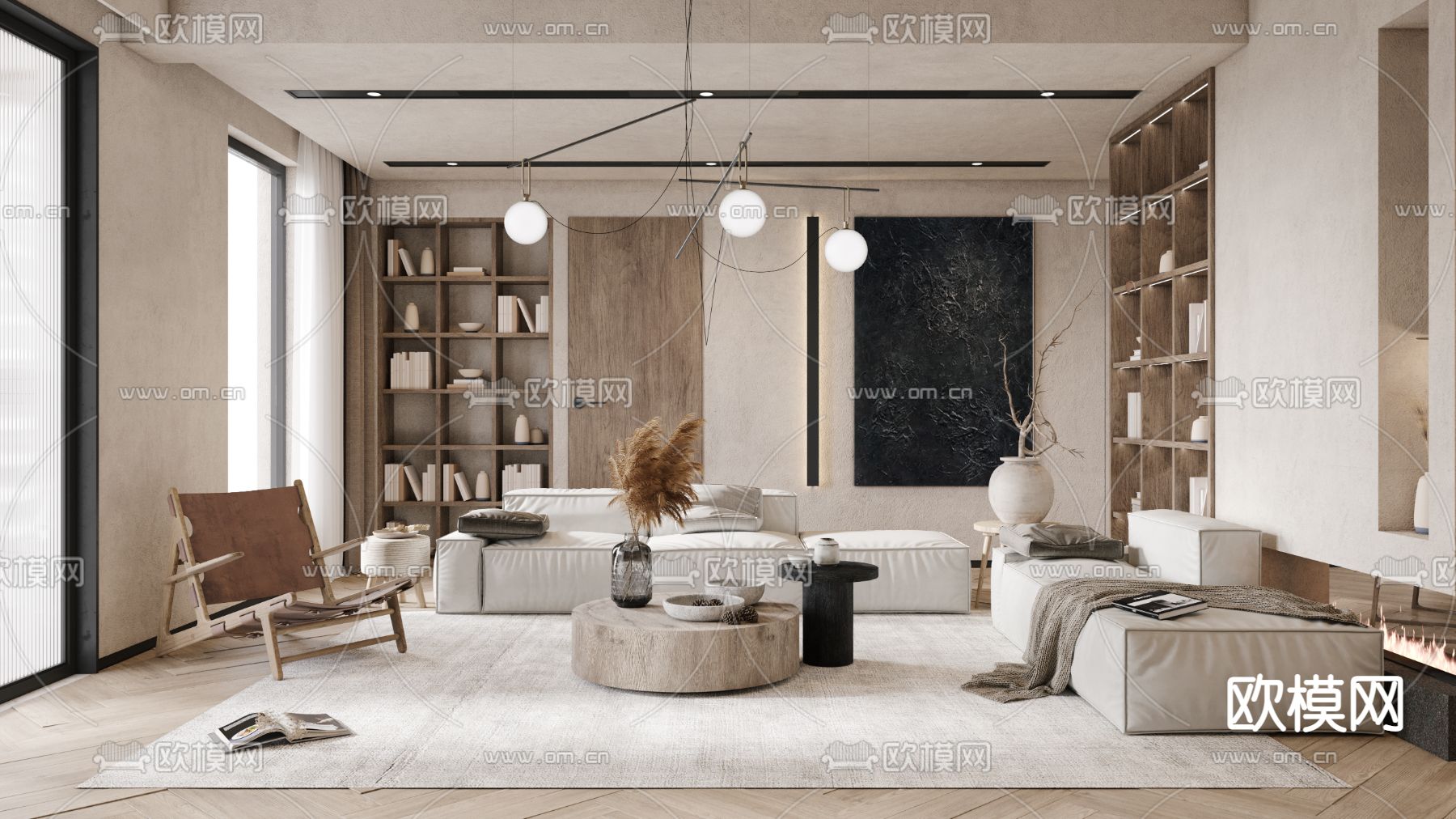 侘寂客厅餐厅3d模型下载（渲染图1）