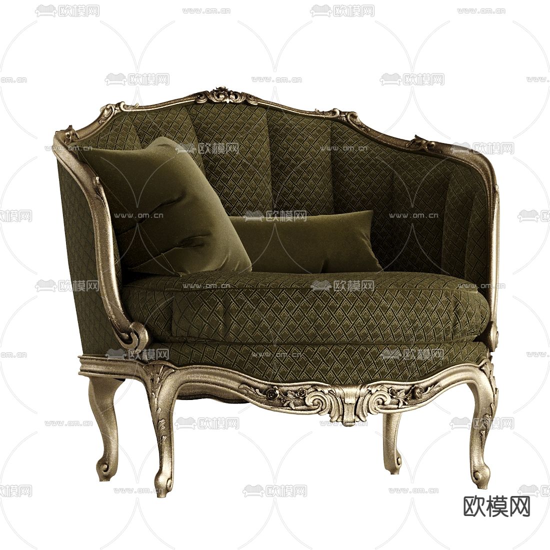 欧式古典绿色单人沙发3d模型下载（渲染图1）