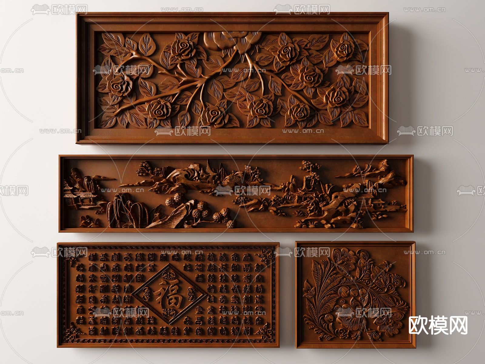 中式雕花浮雕墙饰挂件su模型下载（渲染图1）