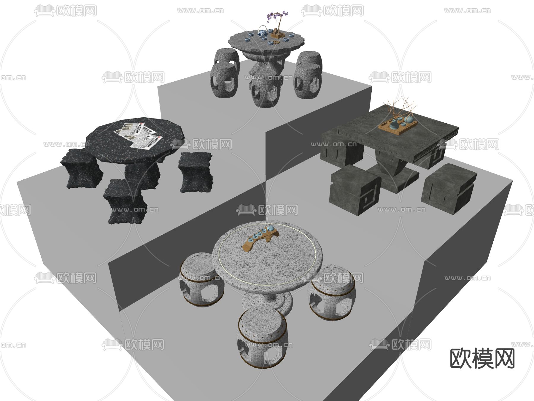 中式景观座椅户外石桌公园石桌凳su模型下载（渲染图1）