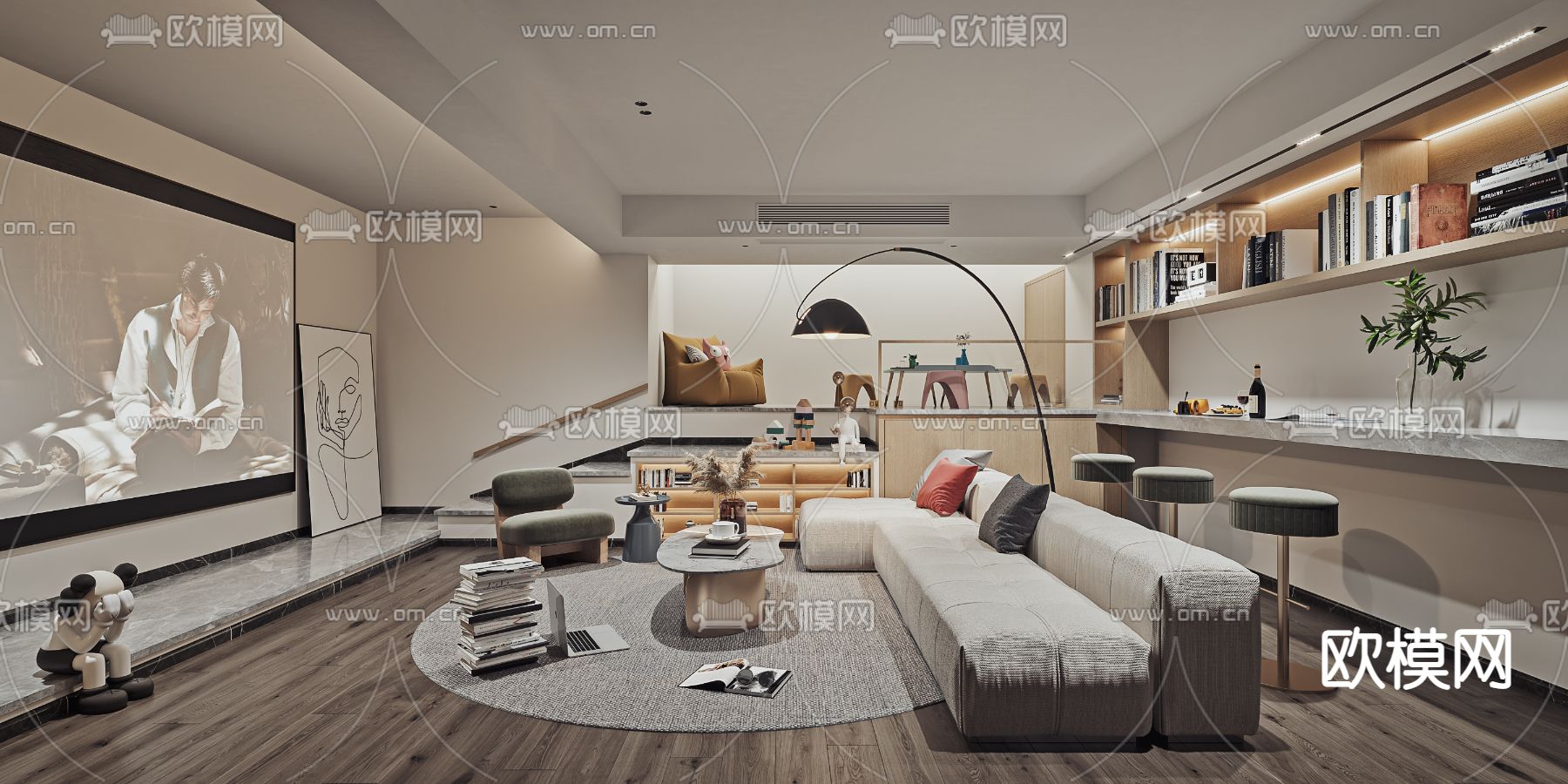 现代简约别墅地下视听室3d模型下载（渲染图1）