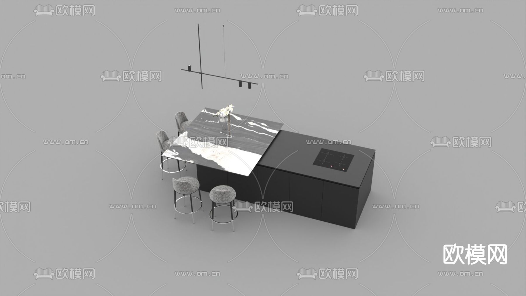 现代轻奢实木大理石吧台不锈钢布艺吧台椅免费3d模型下载