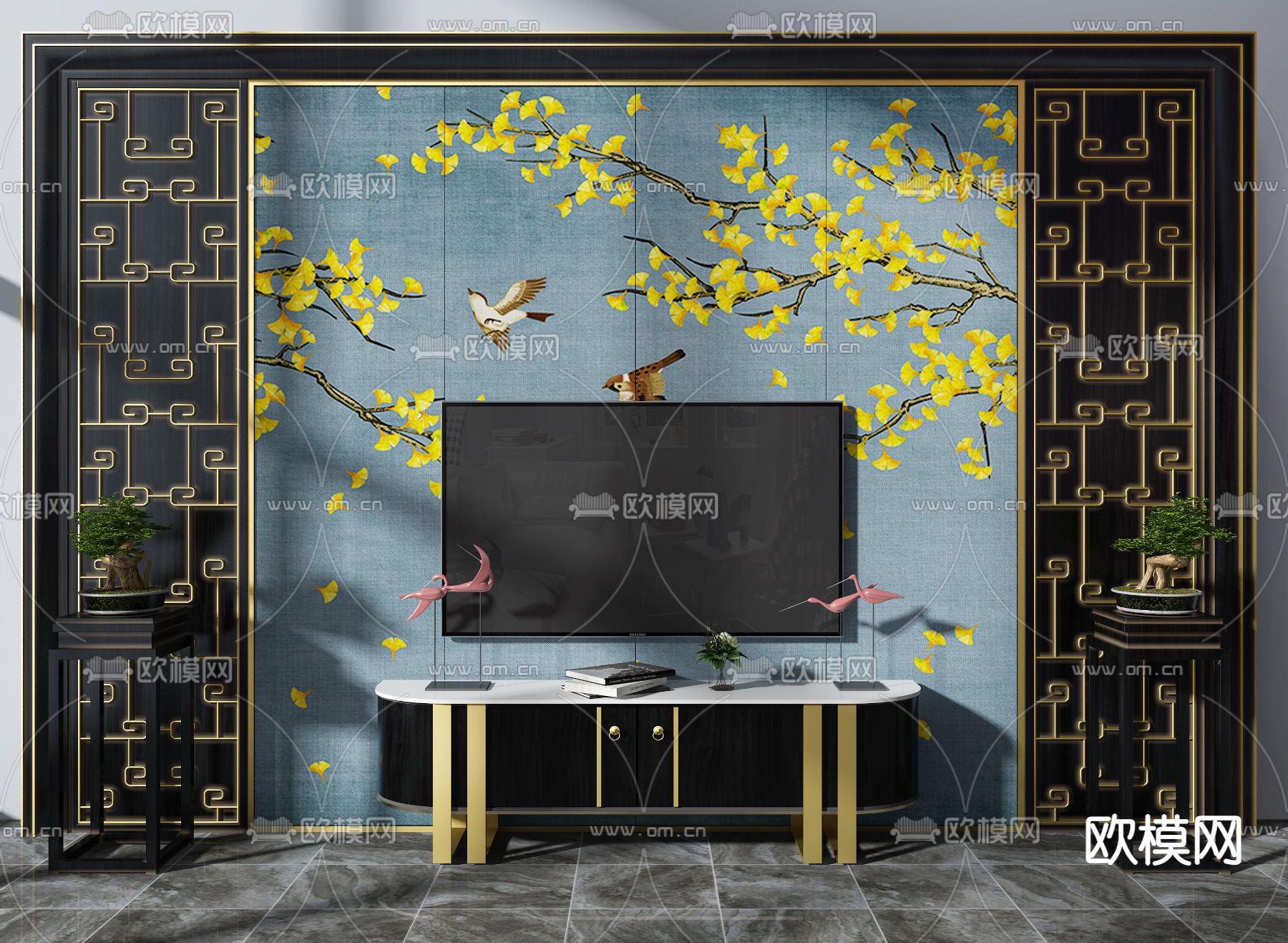新中式电视背景墙su模型下载（渲染图1）