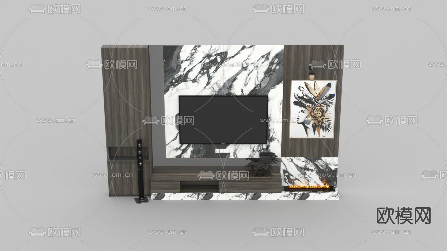 新中式轻奢大理石实木背景墙电视柜免费3d模型下载