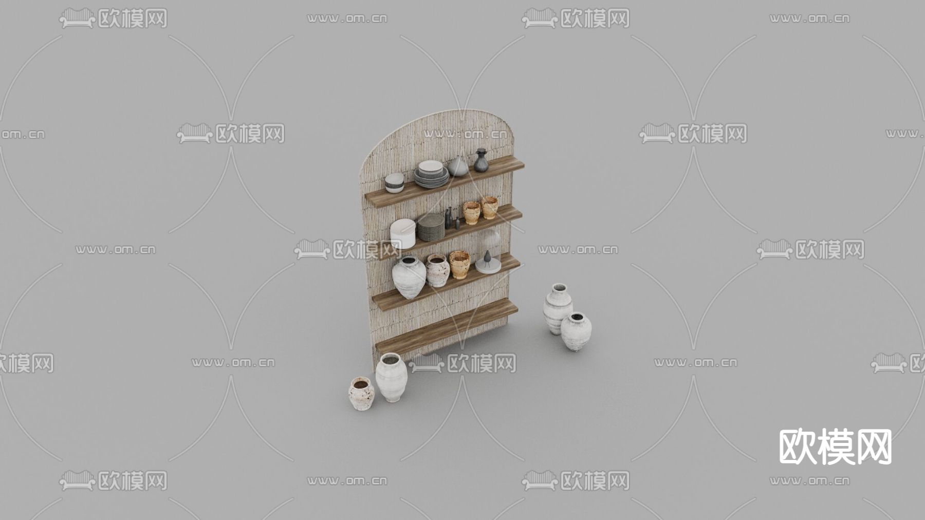 北欧简约藤编实木陶罐置物架免费3d模型下载