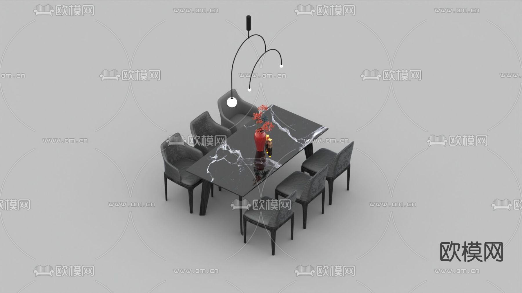 现代轻奢实木皮革大理石餐桌椅免费3d模型下载