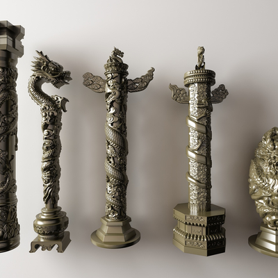  中式盘龙柱雕花柱子su模型 