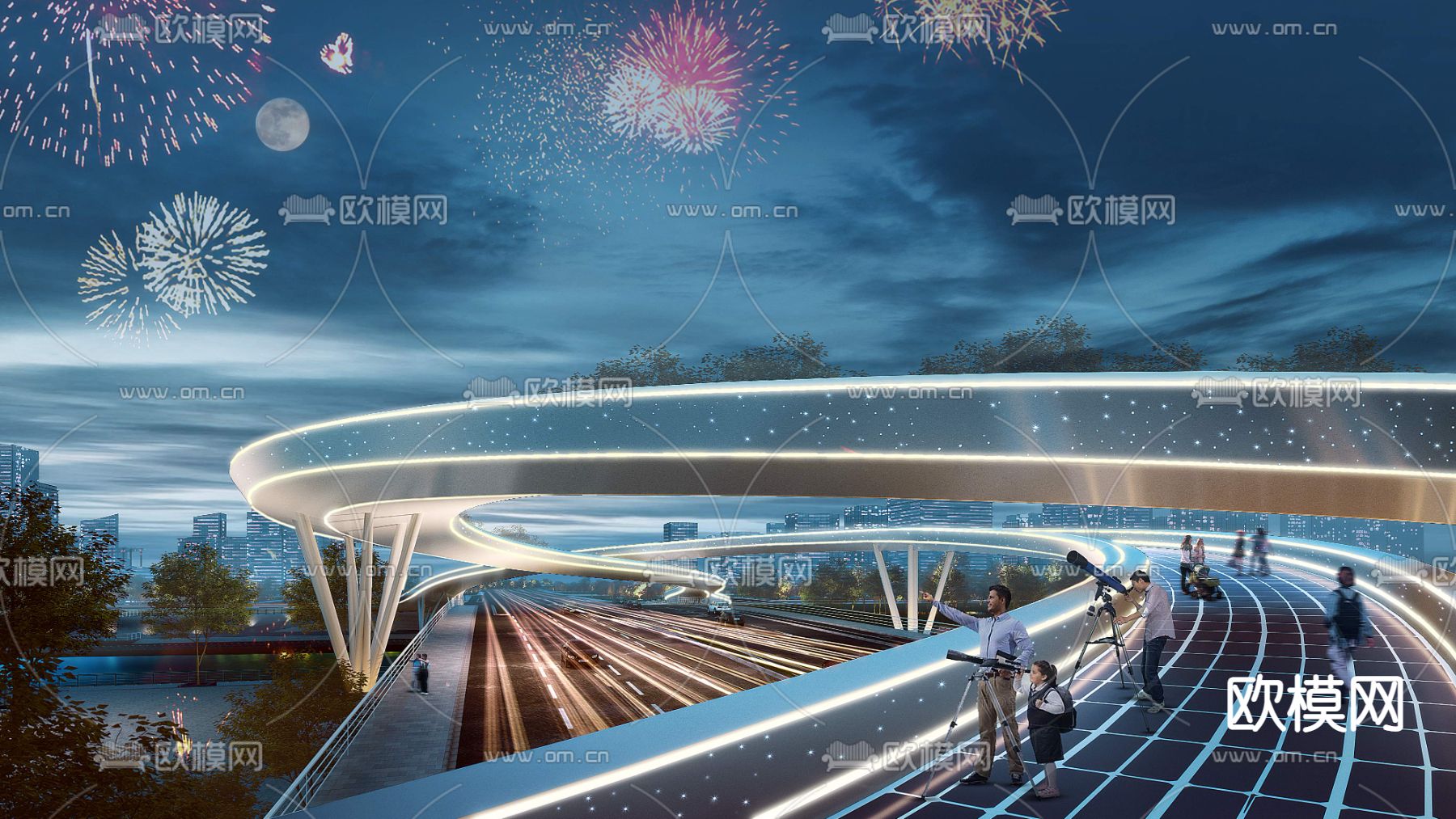 现代烟花星空天桥景观psd下载