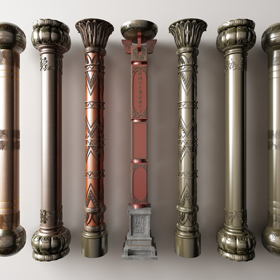  中式盘龙柱栓马柱su模型 