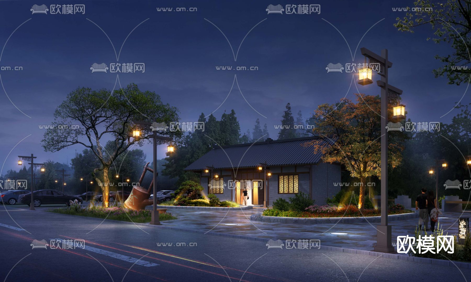 新中式公园夜景景观psd下载