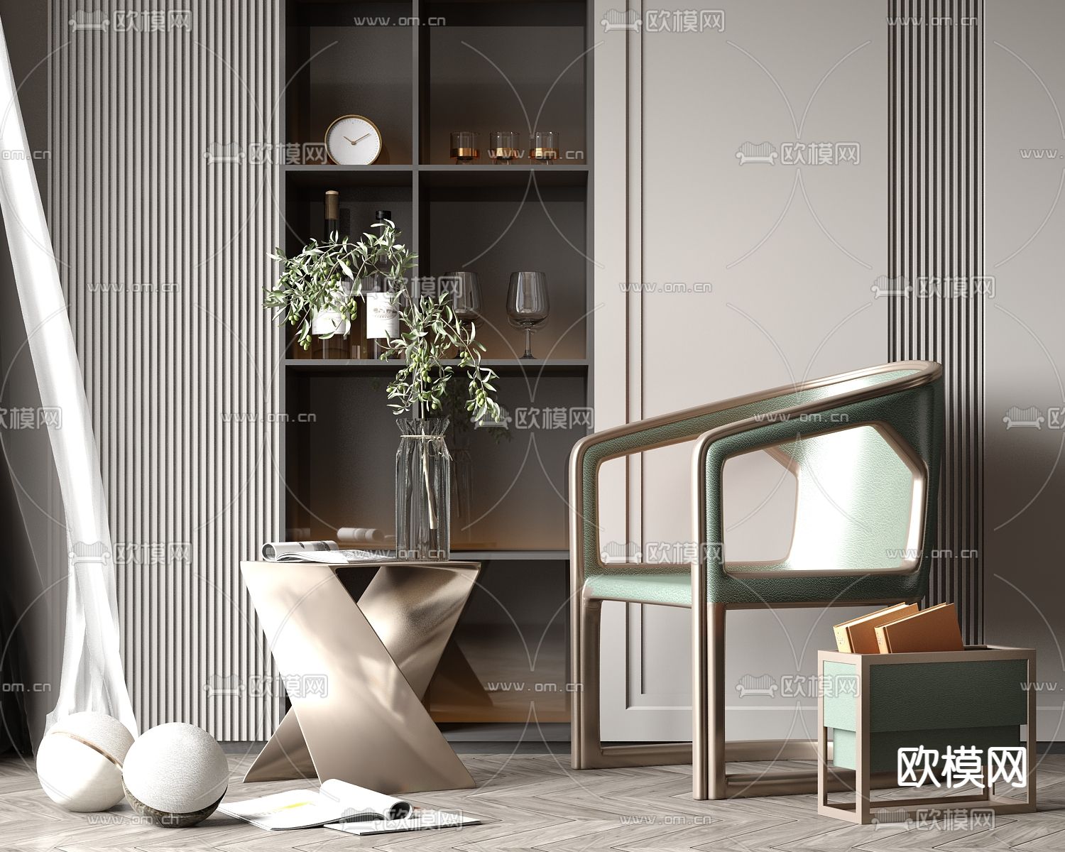 现代轻奢休闲椅子边几组合3d模型下载