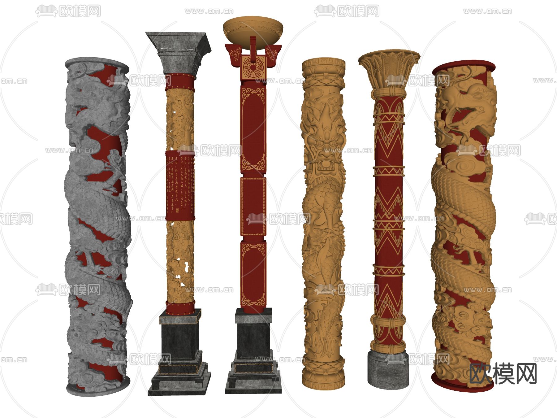 中式盘龙柱栓马柱su模型下载（渲染图2）