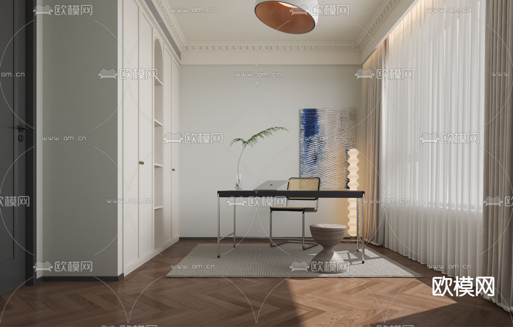 法式奶油风卧室卫生间书房3d模型下载（渲染图6）