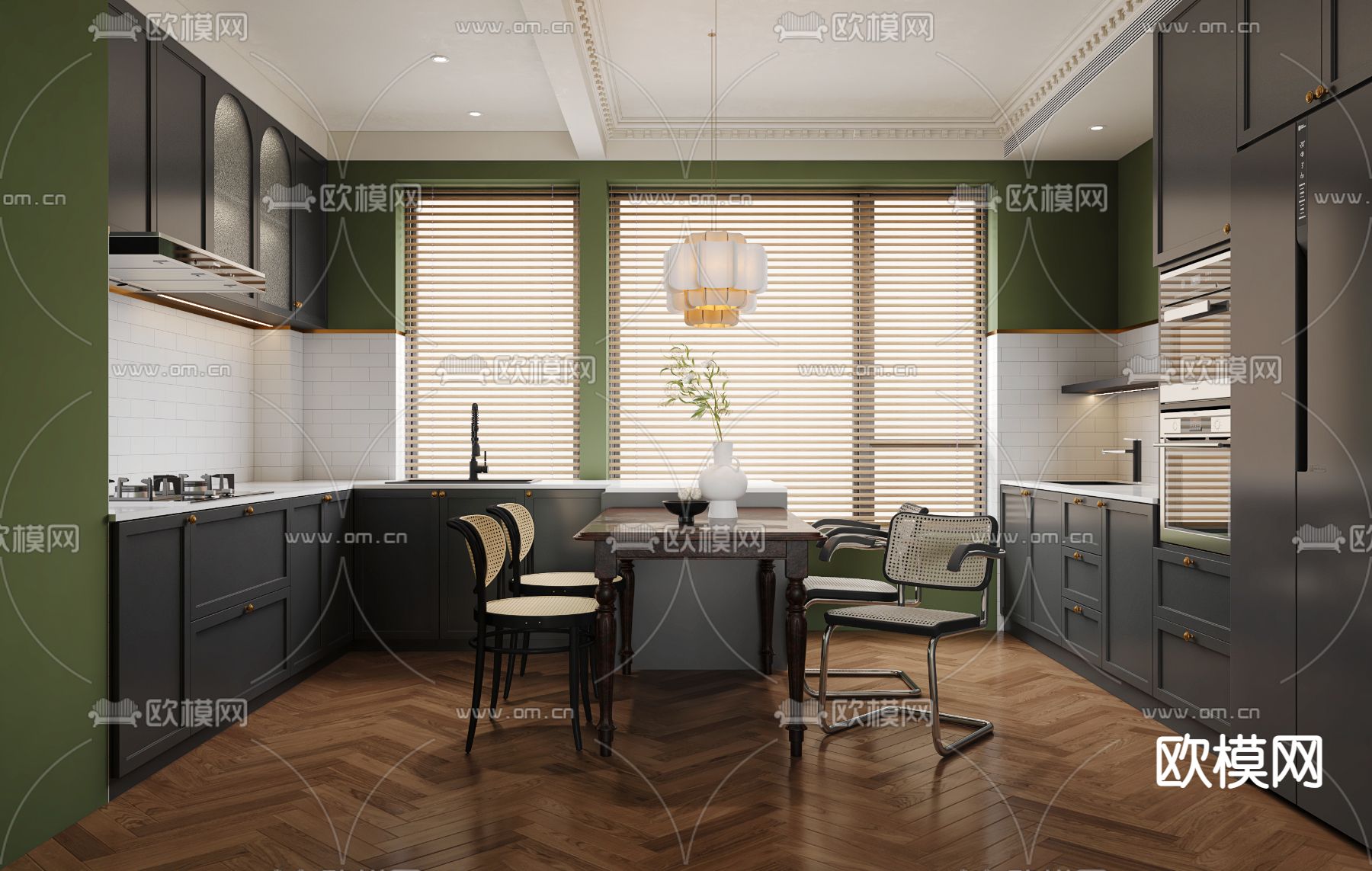 法式奶油风客厅餐厅3d模型下载（渲染图4）