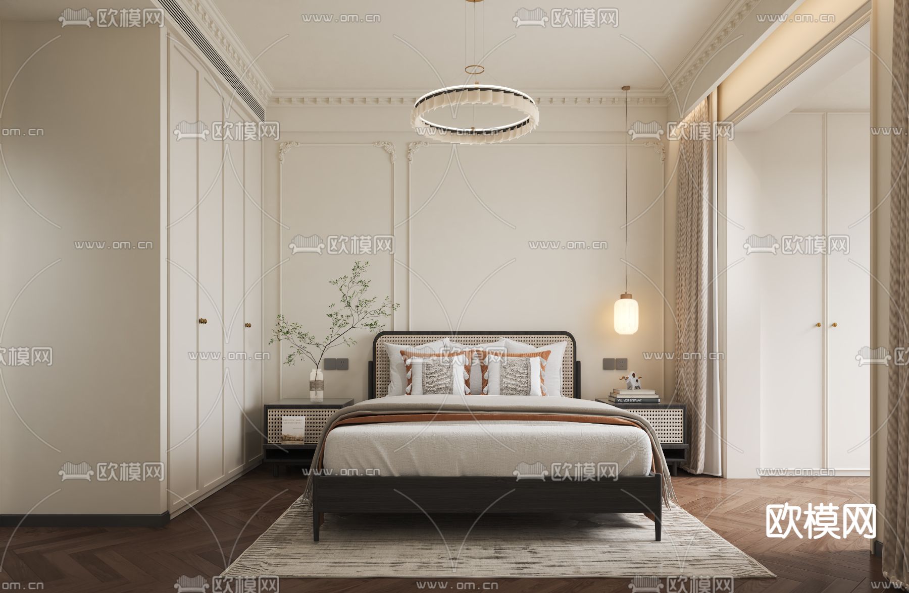 法式奶油风卧室卫生间书房3d模型下载（渲染图1）