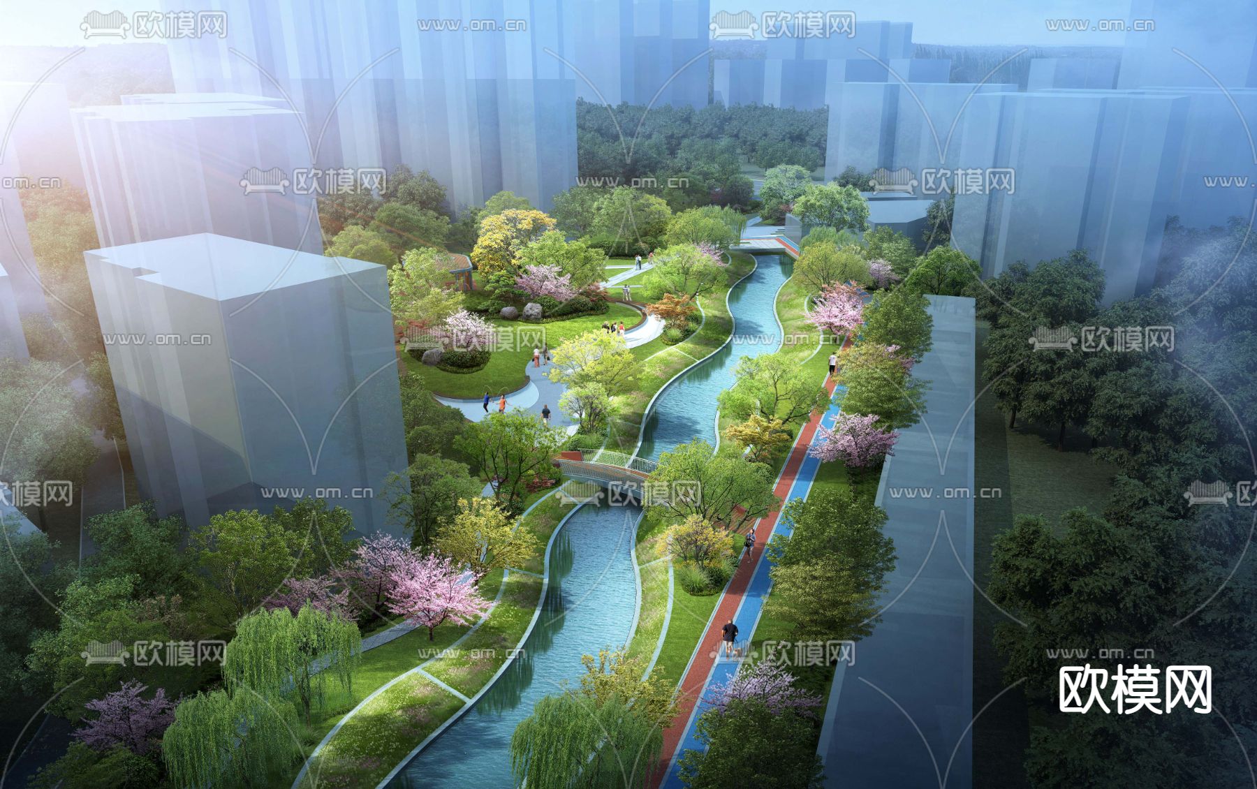 现代湿地园林鸟瞰景观psd下载