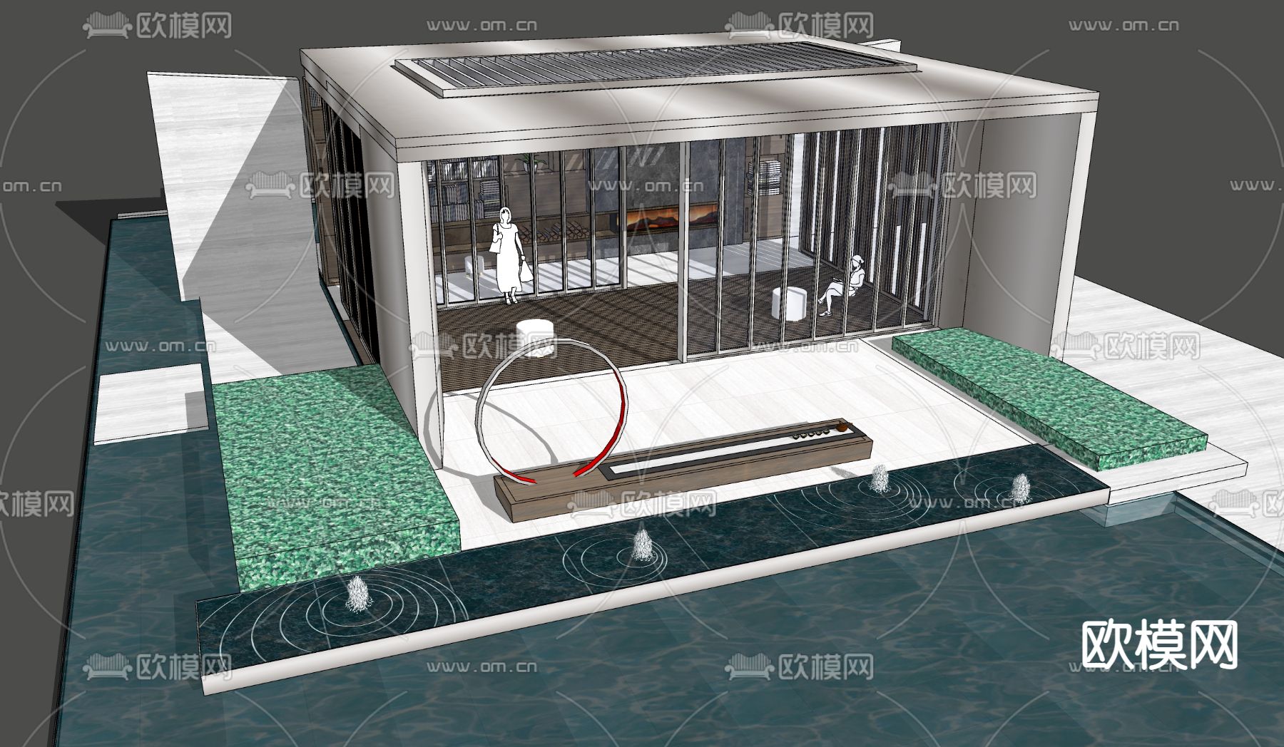 现代书吧水景亭子su模型下载（渲染图3）