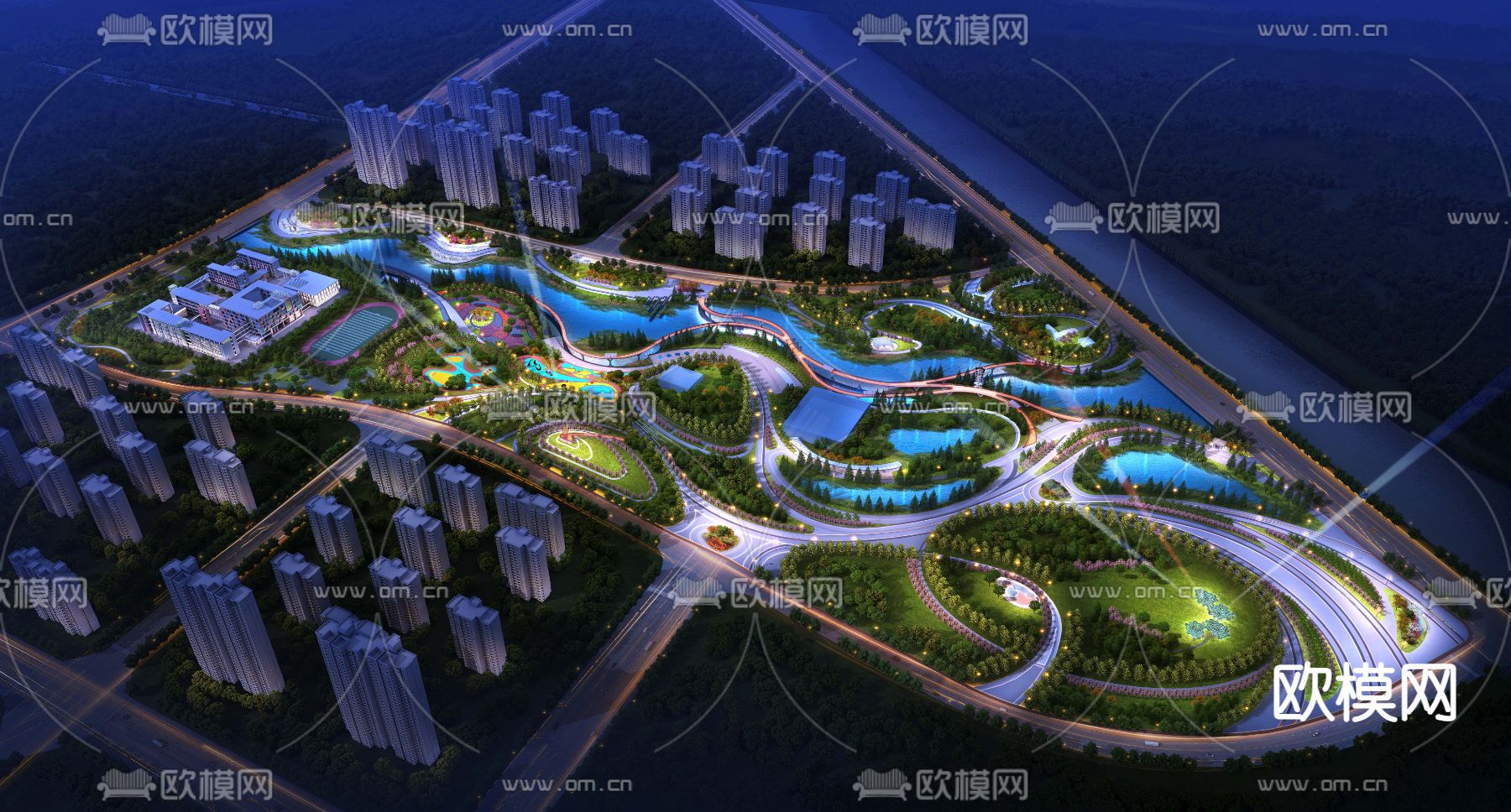 现代公园园林夜景景观psd下载_ID12064582_3dmax免费模型-欧模网
