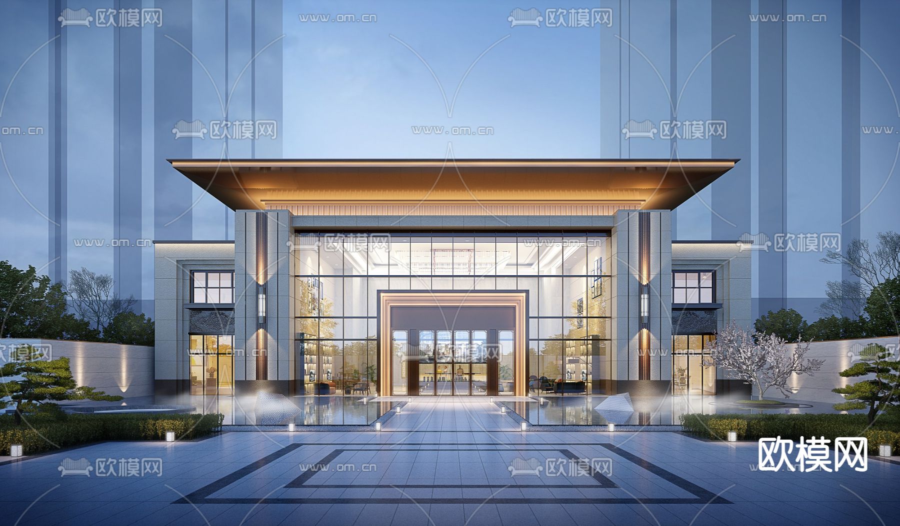 新中式售楼部外观夜景3d模型下载_ID12063086_3dmax免费模型-欧模网