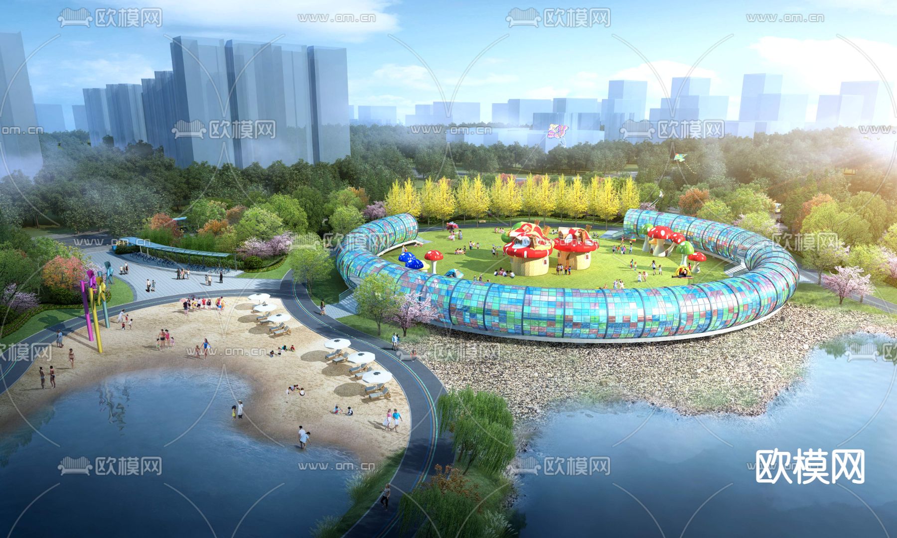 现代湿地游乐场公园景观psd下载