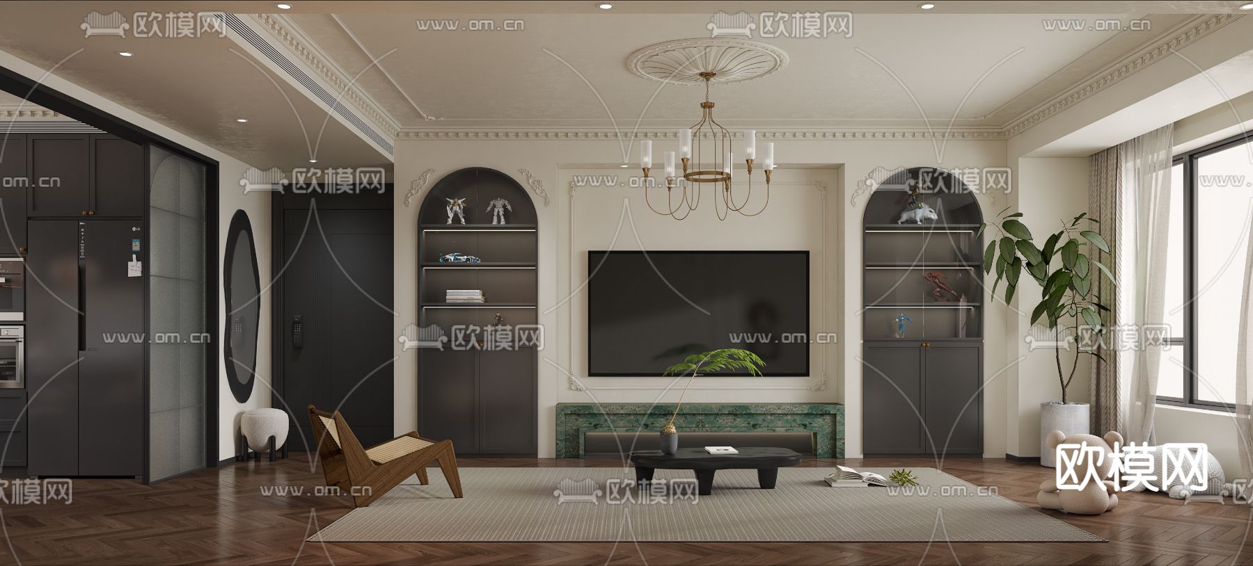 法式奶油风客厅餐厅3d模型下载（渲染图2）