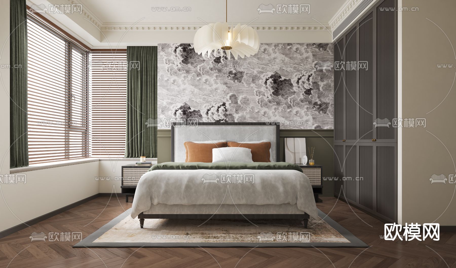 法式奶油风卧室卫生间书房3d模型下载（渲染图2）