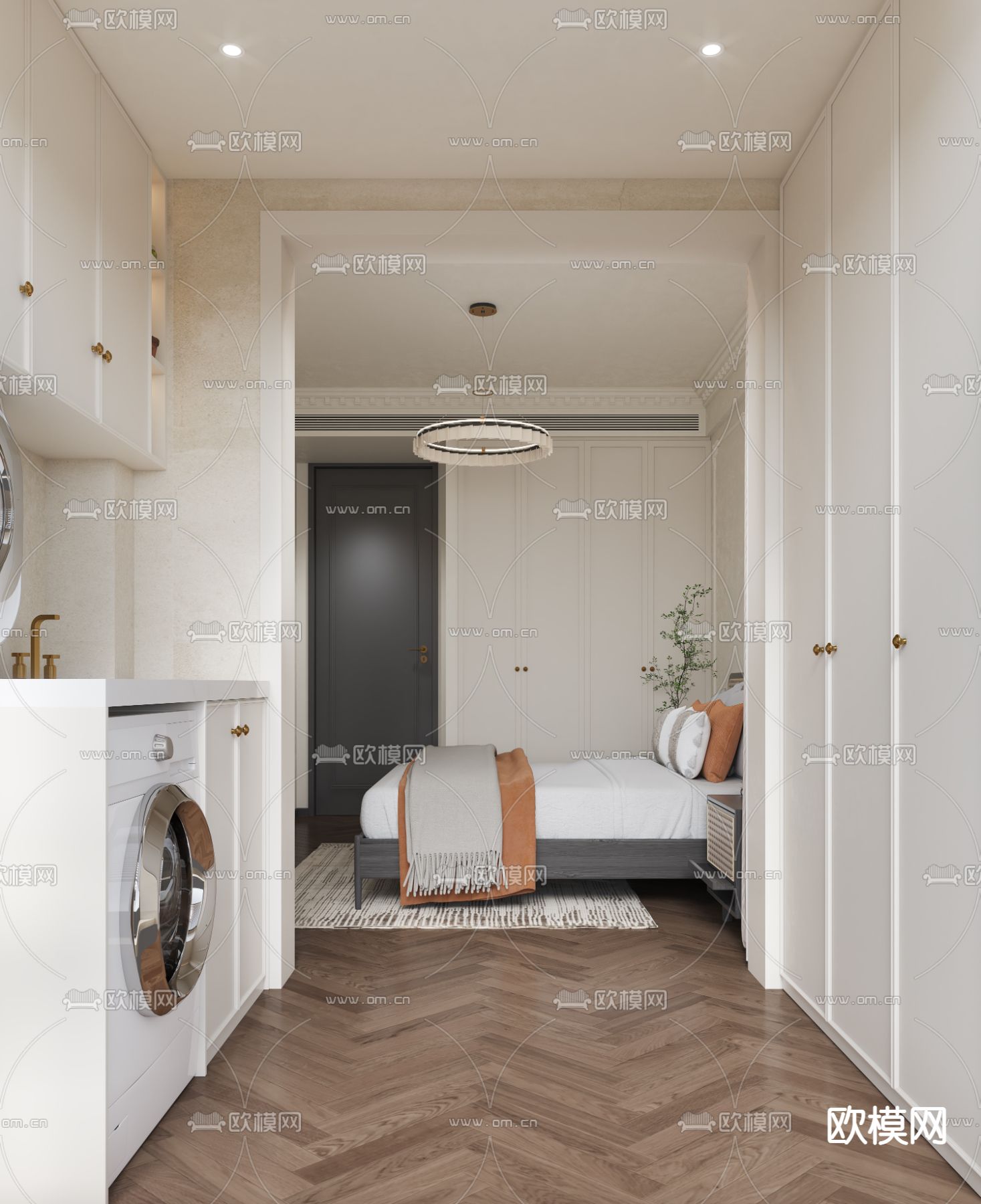 法式奶油风卧室卫生间书房3d模型下载（渲染图5）