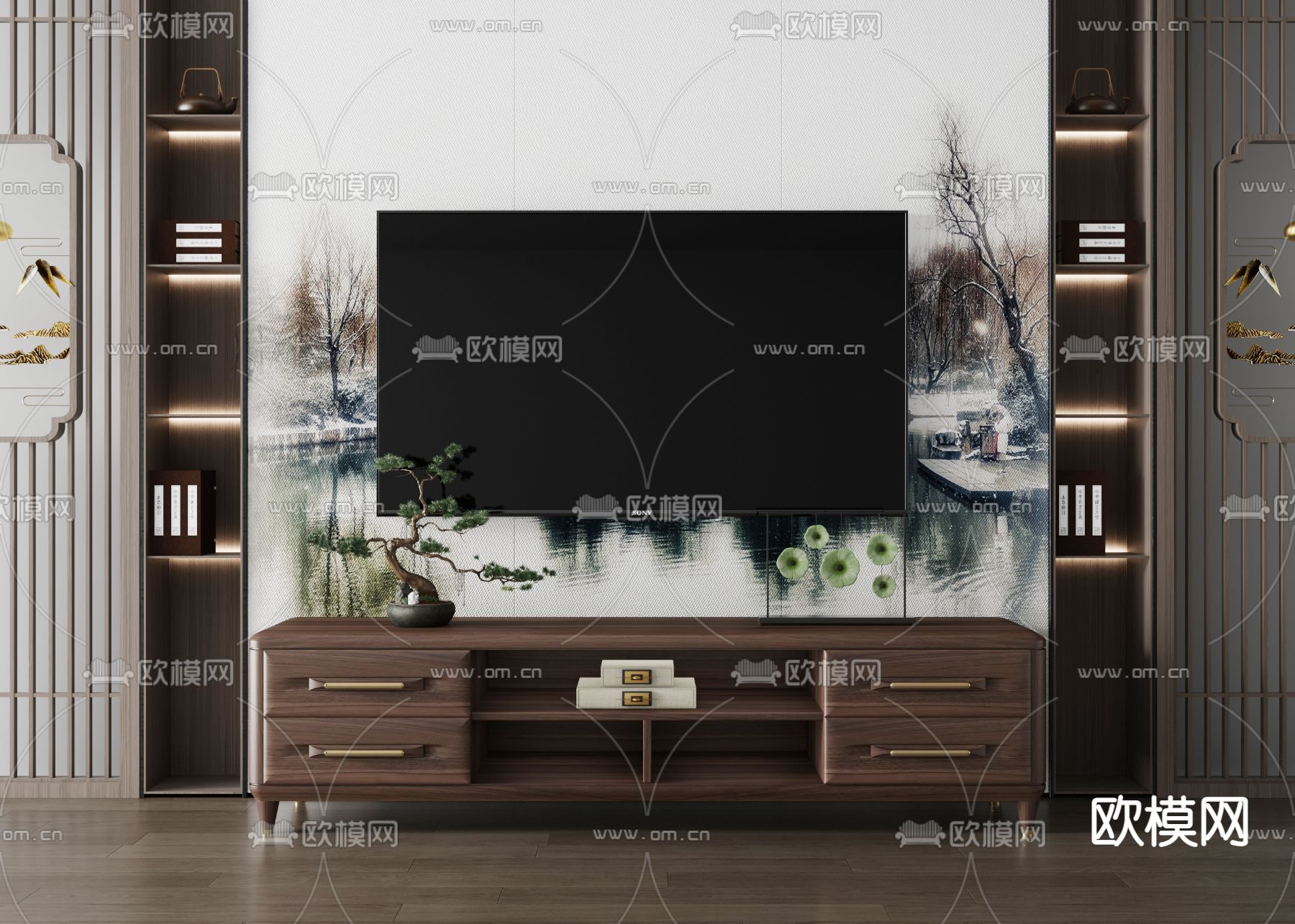 新中式胡桃木电视柜3d模型下载_ID12062512_3dmax免费模型-欧模网