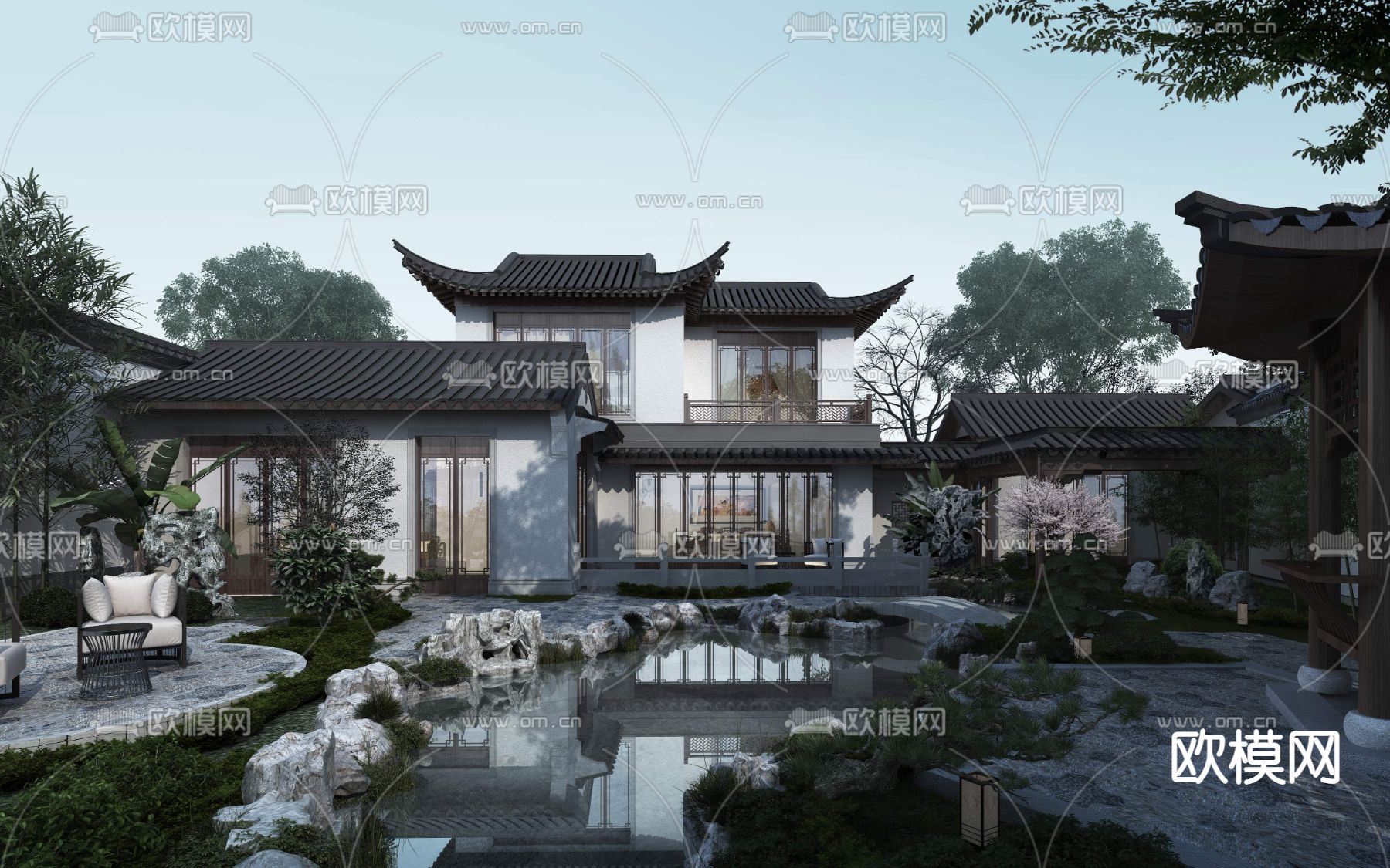 新中式庭院园林景观psd下载