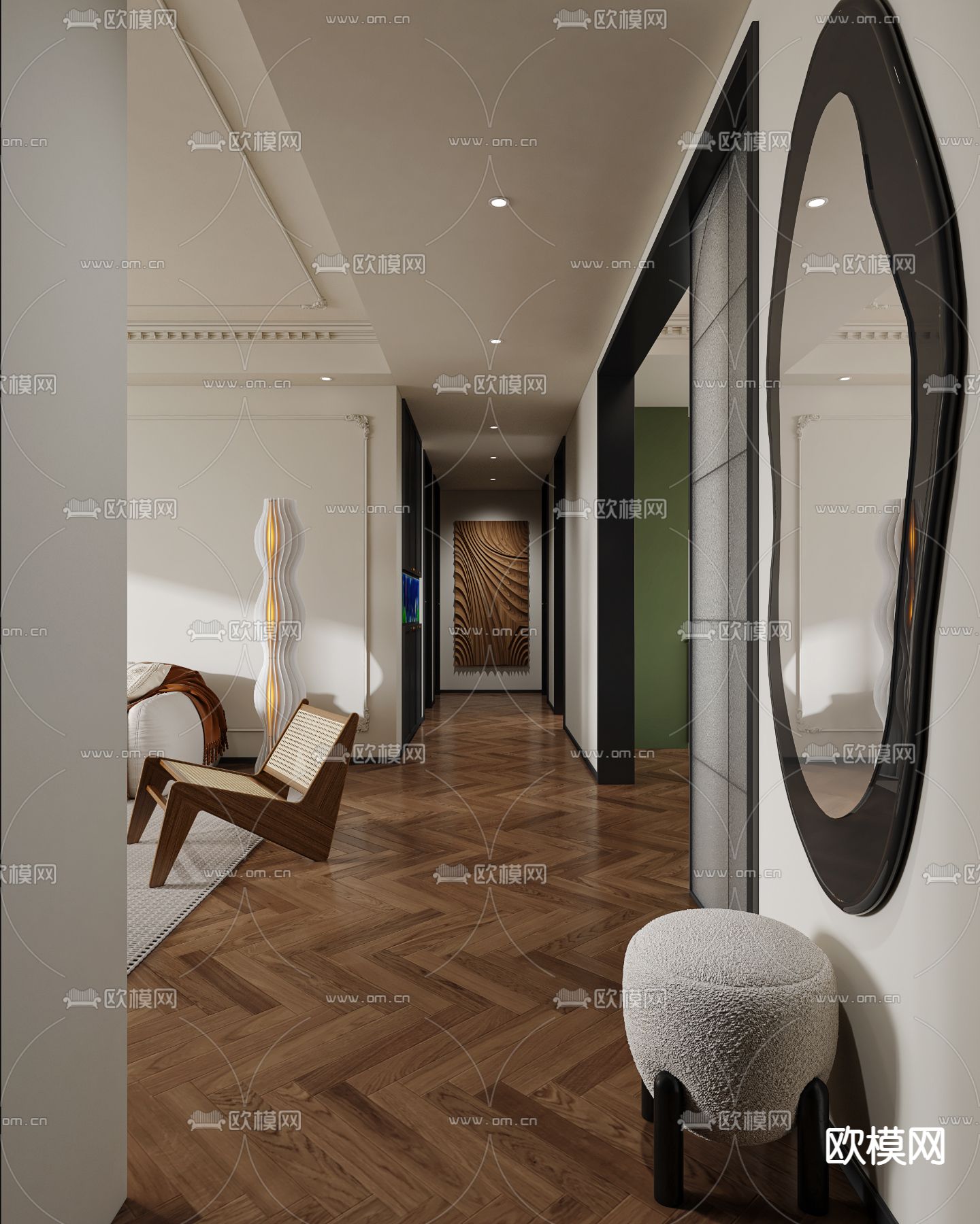 法式奶油风客厅餐厅3d模型下载（渲染图5）