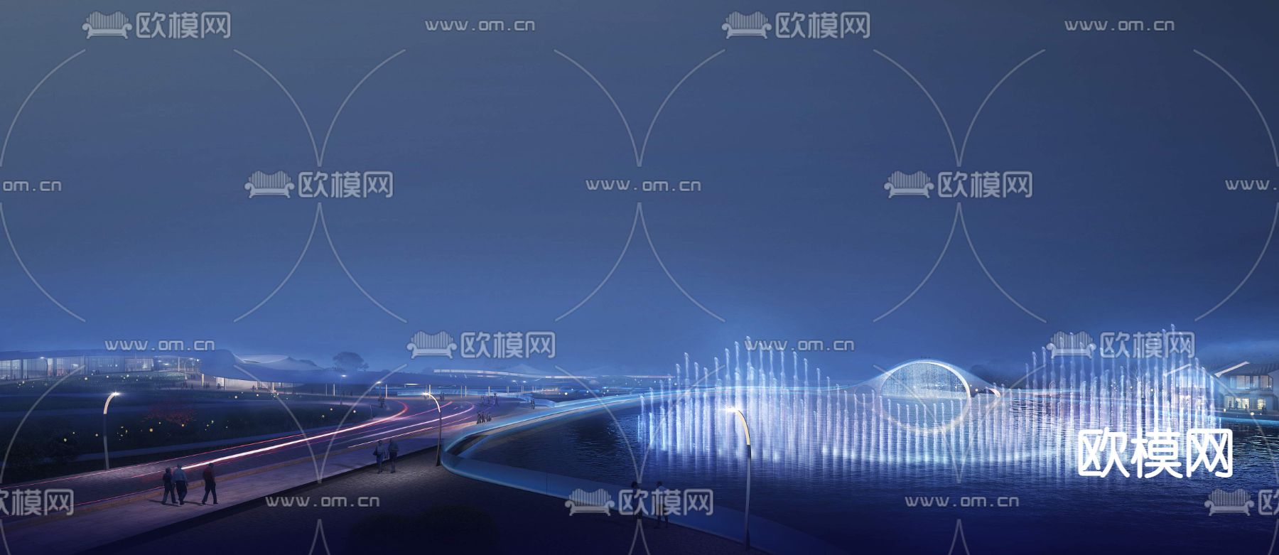 现代海上喷泉夜景景观psd下载