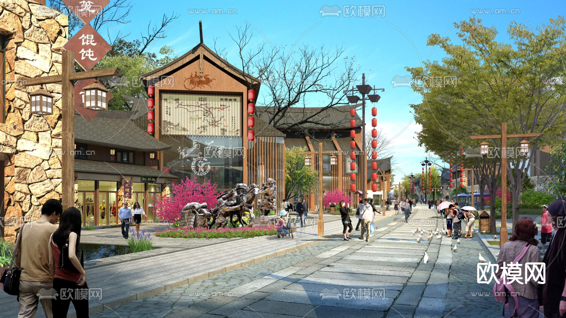 新中式商业街步行街景观psd下载_ID12063817_3dmax免费模型-欧模网