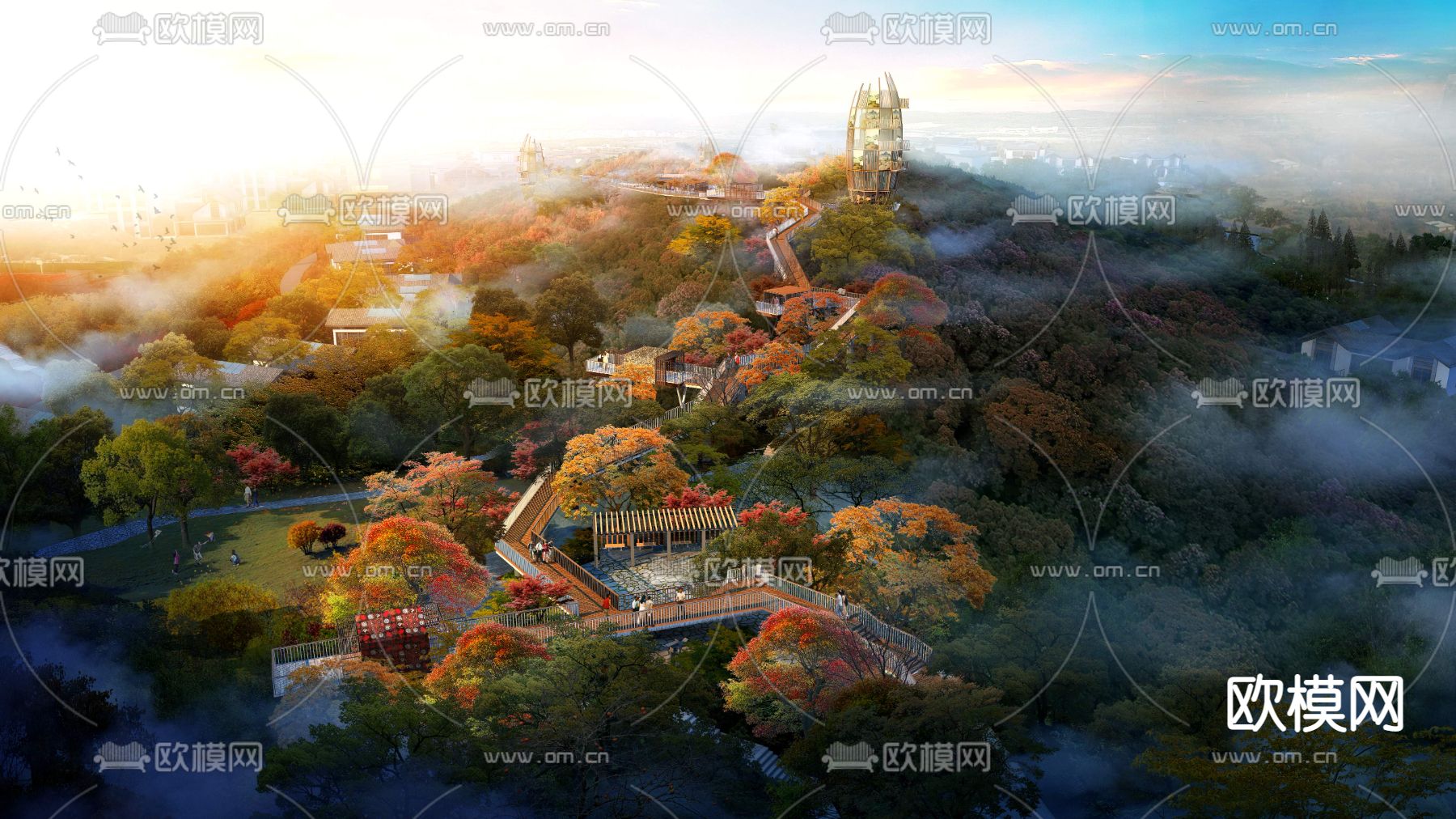 现代湿地园林鸟瞰景观psd下载