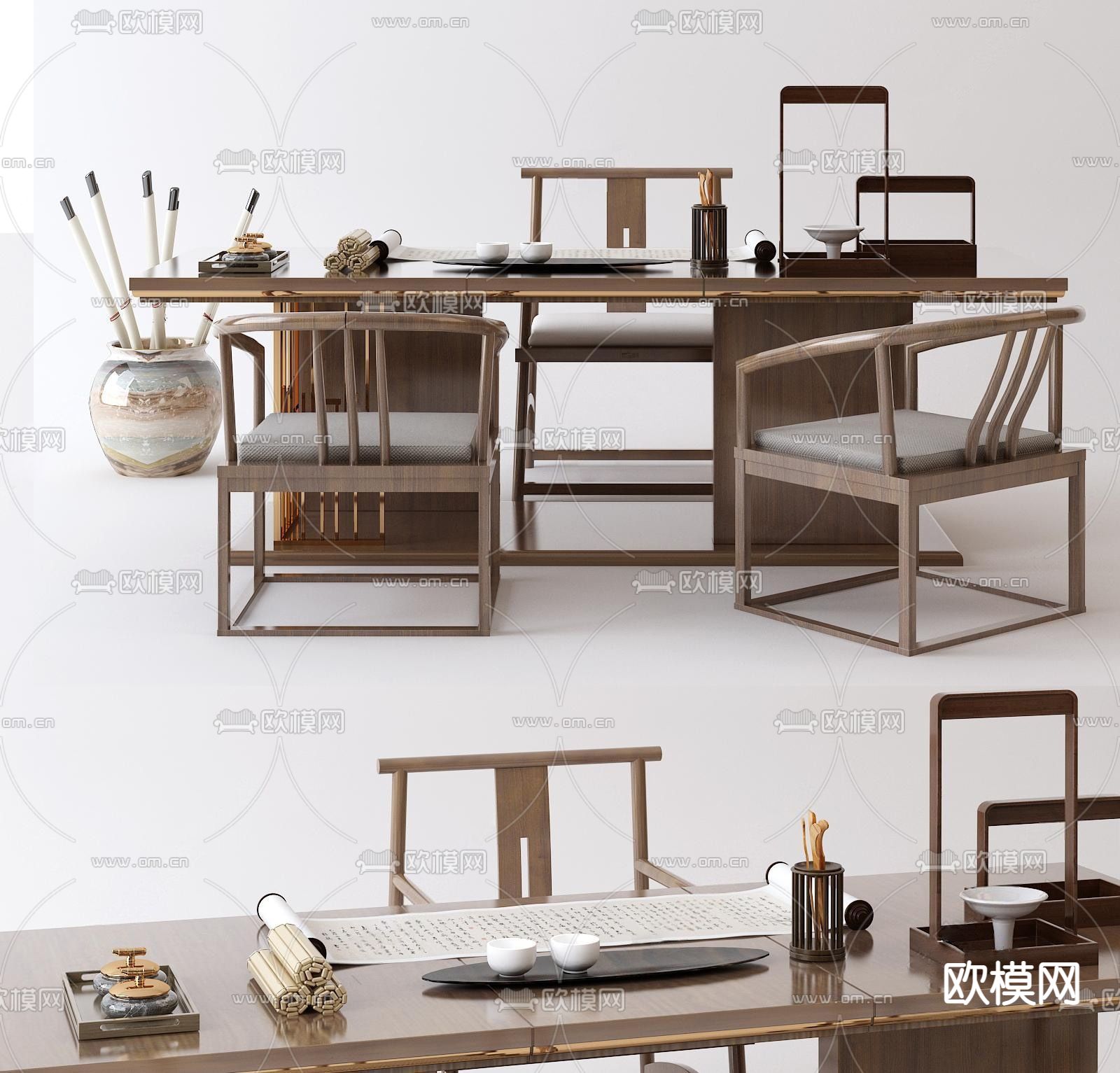 中式实木书桌椅su模型下载（渲染图1）