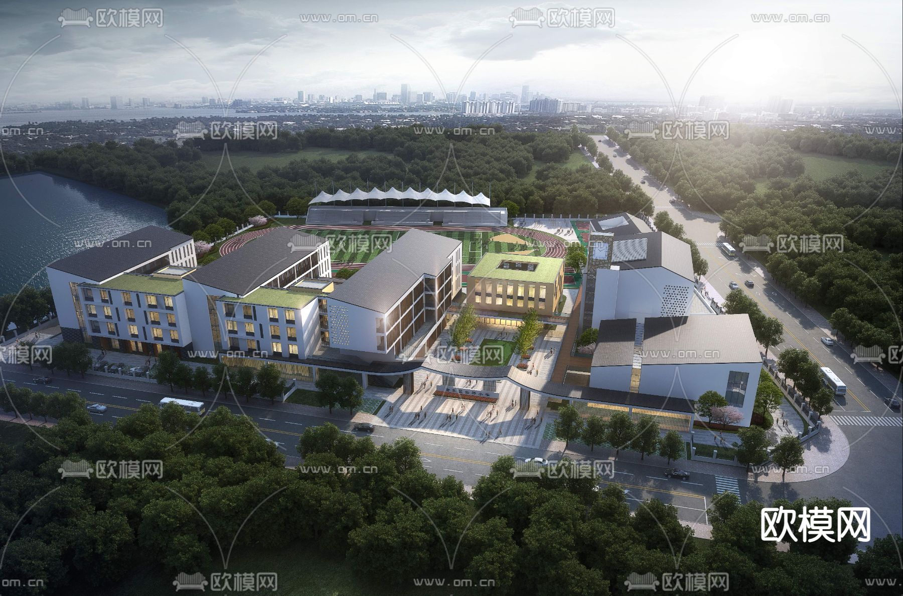 新中式建筑外观鸟瞰景观psd下载